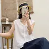 2026 Nuevo Chal de Algodón y Lino con Cuello en V y Ribete de Encaje, Sin Mangas de Verano Artístico Ajustado Versátil Holgado Elegante Camisa Top