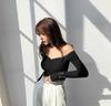 Top Bardot de Clavícula para Mujer de Manga Larga Ajustado con Combinación de Colores Plisado de Cintura Alta con Ombligo Descubierto Camiseta Otoñal Ajustada Misteriosa Camiseta Básica