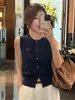 Chaleco de Punto Retro Azul Marino con Cuello Redondo para Mujer, Ropa de Capa de Verano, Camiseta sin Mangas Holgada de Corte Ajustado