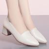 2023 Novos Sapatos de Trabalho Primavera e Outono Sapatos de Couro Salto Grosso Couro Macio Fundo Macio Sapatos Casuais Femininos de Camada Única Sapatos para Mães Quatro Estações