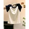 Camiseta Raglán de Cuello Redondo en Contraste para Mujer, Nuevo Estilo de Verano con Ribete de Encaje, Adelgazante, Rejuvenecedor, Top Versátil, Moderno