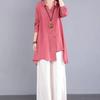 Diseño Irregular Cuello Polo Algodón y Lino Camisa de Manga Larga Primavera y Verano Nuevo Largo Medio Color Puro Literario Retro Ropa de Mujer