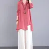 Camisa de manga comprida em algodão e linho com gola polo de design irregular, nova para primavera e verão, comprimento médio, cor sólida, retrô, vestuário feminino