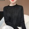 Cómoda camisa básica de mujer de organza de lana peinada fina, cuello medio alto, primavera y verano, nuevo top jacquard de manga larga