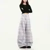 Atuendo Dopamina de Verano Pantalones Casuales Cuadros Verdes para Mujer, Pantalones Largos Ligeros Holgados de Pierna Ancha para Verano