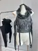 Camiseta de Manga Larga con Capucha Deshilachada Off-Shoulder Estilo Wasteland de Chica Hot Americana para Mujer para Usar en Verano, Corte Ajustado y Top Corto