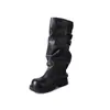 Botas de Cavaleiro Estilo Britânico com Múltiplas Fivelas 2026 Bico Redondo Salto Grosso Botas de Cança Estreita Botas Longas Não Acima do Joelho Botas Versáteis Simples