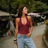 Moda Femenina Europea y Americana Primavera/Verano 2025 Nuevo Producto: Top sin mangas sexy de encaje hueco ajustado con cuello halter sin espalda para mujer