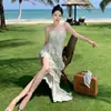 Vestido de tirantes floral suave estilo francés para mujer, verano, vacaciones en la playa, cola con volantes de alta gama, vestido largo