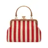 Bolsa de Ombro de Lona Listrada Retrô, Nova Bolsa de Mão Clip-On Fashion para Noite, Bolsa Transversal Elegante com Corrente para o Dia a Dia