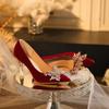 Hermosos Zapatos de Mujer Color Rojo Cómodos 2025 Primavera/Verano Nueva Moda Zapatos de Novia con Tacones Finos y Tacones Altos para Mujer, Doble Uso