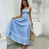 Verão 2026 Mais Vendido Azul Claro Moda Feminina Europeia e Americana Transfronteiriça Alça Franzida Vestido Longo de Férias Elegante