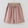 Chegada Nova Verão 2026 Estilo Artístico Cor Sólida Linho Cintura Elástica Cordão Solto Shorts Casuais para Mulheres