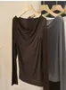 Camiseta de Malha Macia Feminilidade Elegante~Lã Liocel Ombro Único Decote Drapeado Emagrecedor Outono Inicial Novo G072901