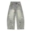 Calça Jeans Plissada com Estampa de Estrela Lavada Desgastada Americana para Mulheres Outono 2025 Cintura Alta Solta Perna Larga Scimitar