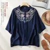 Nueva camisa retro bordada de algodón y lino estilo chino para mujer, nuevo modelo de verano, blusa artística de cinco mangas fina y transpirable