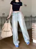 Jeans Rectos Elegantes Azul Claro para Mujer, Verano 2025, Talla Grande Forma de Pera, Cintura Alta, Pantalones de Pierna Ancha Adelgazantes