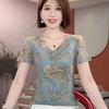 Dropshipping Popular Transmissão Ao Vivo Moda Verão 2025 Gola Redonda Estampado Retrô Manga Curta Camiseta Top Estilo Rede