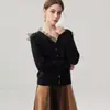 Nuevo suéter de punto de mezcla de cachemira con cuello en V, ribete de encaje tipo patchwork, color liso, manga larga, diseño abotonado, versátil y moderno