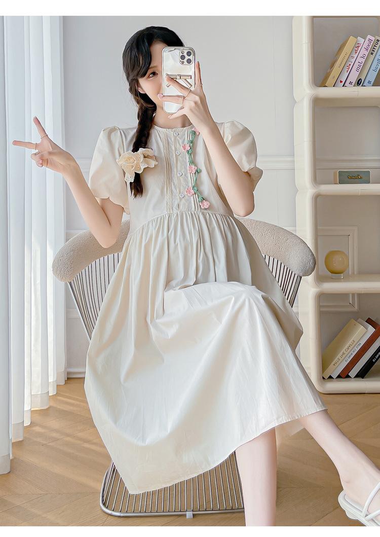 短袖钩花连衣裙减龄小清新甜美孕妇裙子