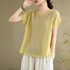 Camiseta de algodão e linho plus size de verão vintage cor sólida gola redonda manga curta 2026 nova slim-fit solta casual