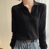 Camisa de Punto de Cachemira con Cuello Polo de Moda Simple Mismo Estilo para Mujer Primavera y Otoño Delgada Holgada Versátil Camisa Base de Lana