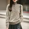 Suéter de Punto Cepillado para Mujer 2026 Otoño/Invierno Nuevo Lana Cachemir Media Apertura Cuello Alto Manga Larga Hilo Floral Top Adelgazante