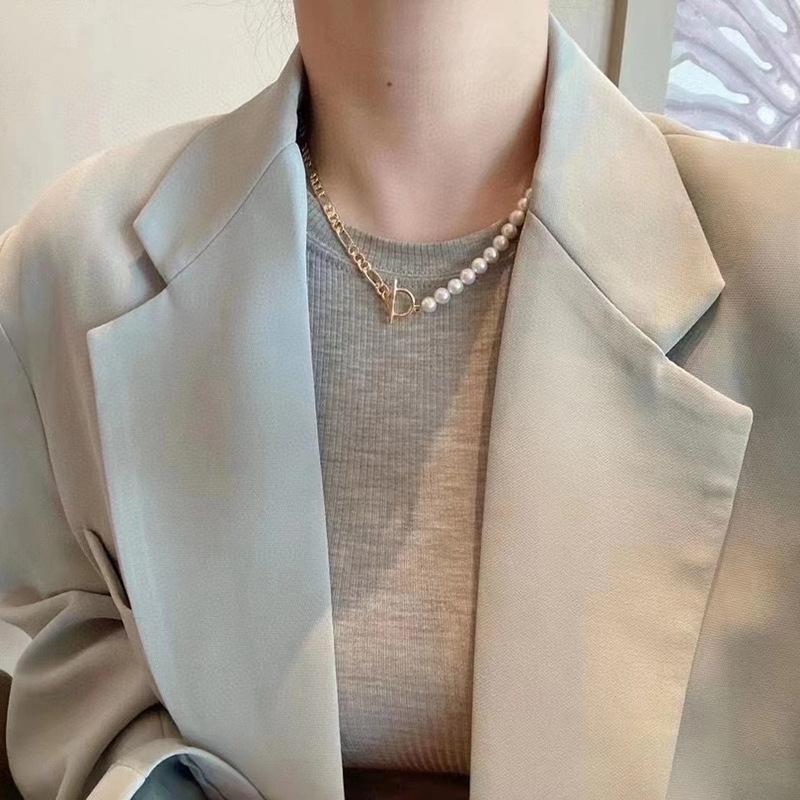 近圆天然淡水珍珠拼接项链高级感轻奢14k注金OT扣锁骨链夏季新款