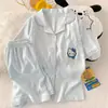 Pijama de Algodón Nube para Mujer, Verano Delgado de Manga Corta con Shorts, Dulce Conjunto Casual de Rayas Tinta para Casa que se Puede Usar Afuera