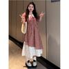 Vestido Floral de Talla Grande a Cuadros Rojos Falso de Dos Piezas con Encaje para Mujer Verano mm Gordo Cintura Alta Cubriendo Entrepierna Look Adelgazante Falda