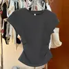 Al por mayor transfronterizo Verano Algodón Cuello Redondo Ajustado Cintura Ceñida Color Sólido Hombro Manga Corta Camiseta Interior para Mujer Camiseta Base