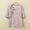 Camisa de Verano 2025 para Madre Nueva Elegante de Manga Corta para Mujeres de Mediana Edad y Mayores Verano Nuevo Estilo Chino Cuello Redondo Estilo Nacional Top