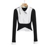 Camisa Manga Longa Falsa Duas Peças Preto e Branco Contrastante Personalizada e na Moda para Mulheres Estilo Pura Luxúria Top Camisa Polo Sexy Sexy