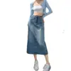 Falda de Mezclilla con Cintura Elástica para Mujer, Falda Larga para Verano, Longitud Media, Diseño Único, Cintura Alta, Adelgazante, Falda de Paraguas Línea A