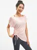 Cubierta de Yoga Transpirable Fina de Verano Manga Corta Hombros Descubiertos para Mujer Camiseta Plisada con Cordón Holgada Casual Ropa de Fitness Yoga