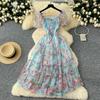 Vestido de gasa con estampado floral francés, elegante, estilo vintage, con corte de té, cintura alta, un hombro, mangas abullonadas y malla.