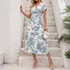 Ropa Baifen Transfronterizo 2026 Nuevo Estilo Vintage Elegante Vestido con Estampado de Paisaje Pastoral Cuello en V Ajustado a la Cintura