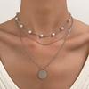 Collar multicapa transfronterizo europeo y americano para mujer, estilo retro, nicho simple, estrella de ocho aristas, perla, cadena colgante redonda, cadena de clavícula para mujer