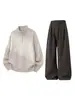 Conjunto de Roupa Han Lu Estilo Old Money Relaxado: Suéter com zíper e gola alta combinado com calça casual curva em mistura de lã sintética drapeada