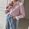 Coreia do Sul Dongdaemun Chic camisa feminina costura manga comprida camisa listrada impresso camisa estilo coreano