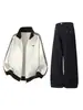 Han Lu Conjunto Deportivo Retro Americano Chaqueta Rayada Bloque de Color Jeans de Pierna Recta Estilo Étnico Bordado Conjunto de Dos Piezas