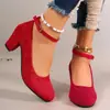 Sapatos de salto alto com fivela, salto bloco, bico redondo, tamanho plus size, estilo europeu e americano, novos, para a Primavera/Outono de 2026, sapatilhas de moda para exportação