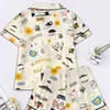 Cardigan Transfronterizo Europeo y Americano de Seda de Leche con Estampado de Colores Claros para Mujer, Conjunto Casual Transpirable de Manga Corta y Shorts para el Hogar