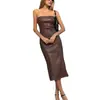 Moda Femenina Europea y Americana Transfronteriza Otoño e Invierno 2026 Vestido Sexy sin Tirantes de Cuero PU Color Sólido Vestido Elegante con Abertura Ajustado