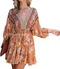 Vestido Casual de Verano para Mujer Cuello en V Mangas Tres Cuartos Plisado Floral Fluido Bohemio Mini Corto Vestido de Playa