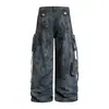 Jeans de Pierna Ancha para Hombre con Bolsillos Múltiples, Estilo Workwear con Salpicaduras de Tinta Deterioradas, Nuevo Estilo de Primavera con Cintas, Pantalones Largos Casuales Sueltos para Parejas, Estilo para Mujer