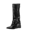 Botas Femininas 2026 Outono/Inverno Estilo Britânico com Bico Fino, Zíper na Barra da Calça, Fivela, Acima do Joelho, Botas de Equitação