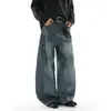 Jeans Streetwear Azul Retrô Solto de Perna Larga Design Retrô Americano Cintura Alta Calças de Caimento Larga de Perna Larga Comprimento no Chão
