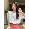 Camisa feminina de manga curta com costura e gola de boneca de renda vintage estilo japonês, design solto de verão, top com nicho e orelha de coelho