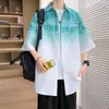 Camisa de Manga Corta para Hombre Verano 2025 Nueva Camisa Rosa Degradada Casual de Cinco Puntos Manga Media Chaqueta Delgada de Seda de Hielo